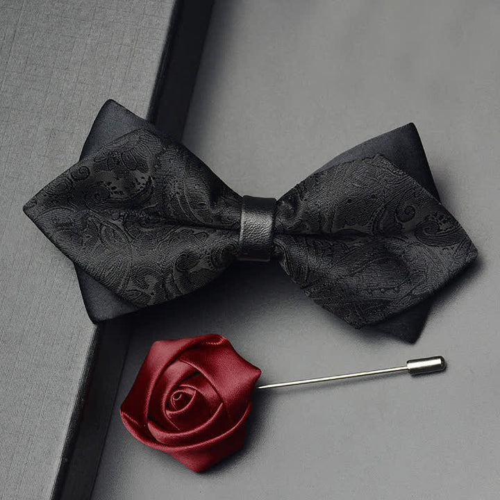 3Pcs Men's Exotic Paisley Double Pointed Bow Tie Set - Black - Bow Tie + Brooch Pin - image 12