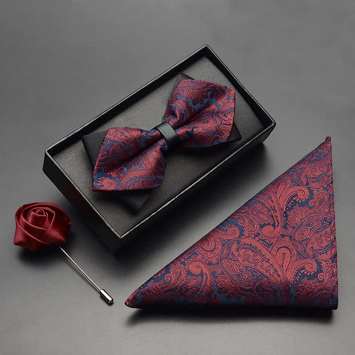 3Pcs Men's Exotic Paisley Double Pointed Bow Tie Set - Burgundy - 3Pcs - image 0