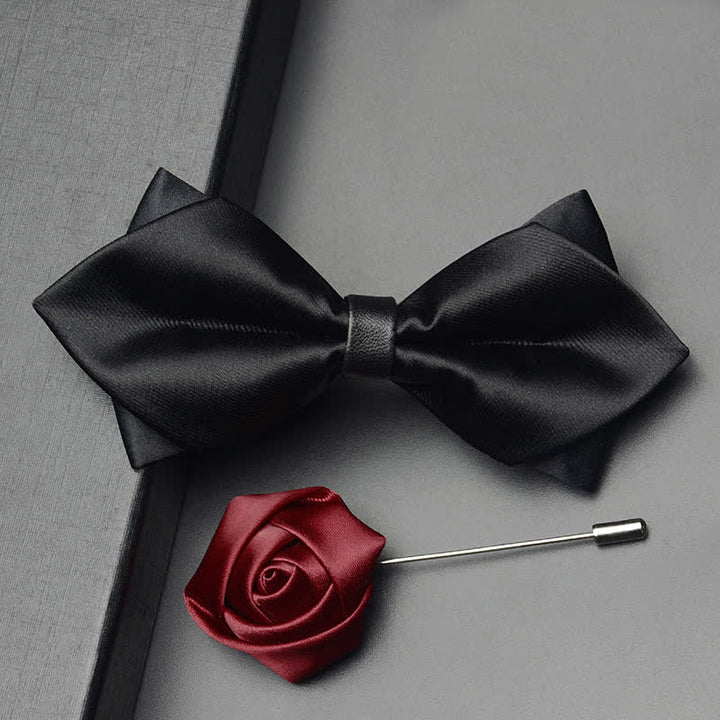 3Pcs Men's Classic Double Layered Pointed Bow Tie Set - Black - Bow Tie + Brooch Pin - image 10