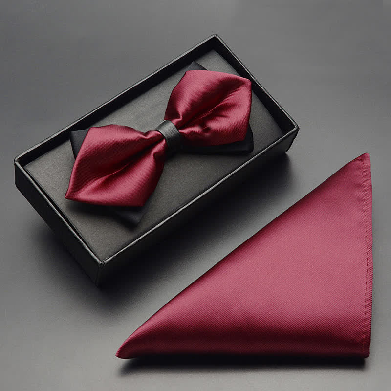 3Pcs Men's Classic Double Layered Pointed Bow Tie Set - Burgundy - Bow Tie + Handkerchief - image 3