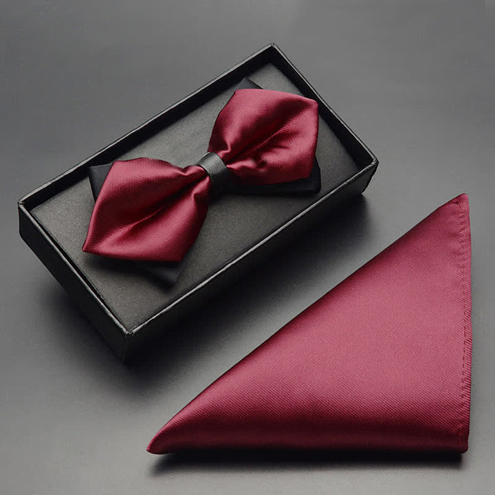 3Pcs Men's Classic Double Layered Pointed Bow Tie Set - Burgundy - Bow Tie + Handkerchief - image 3