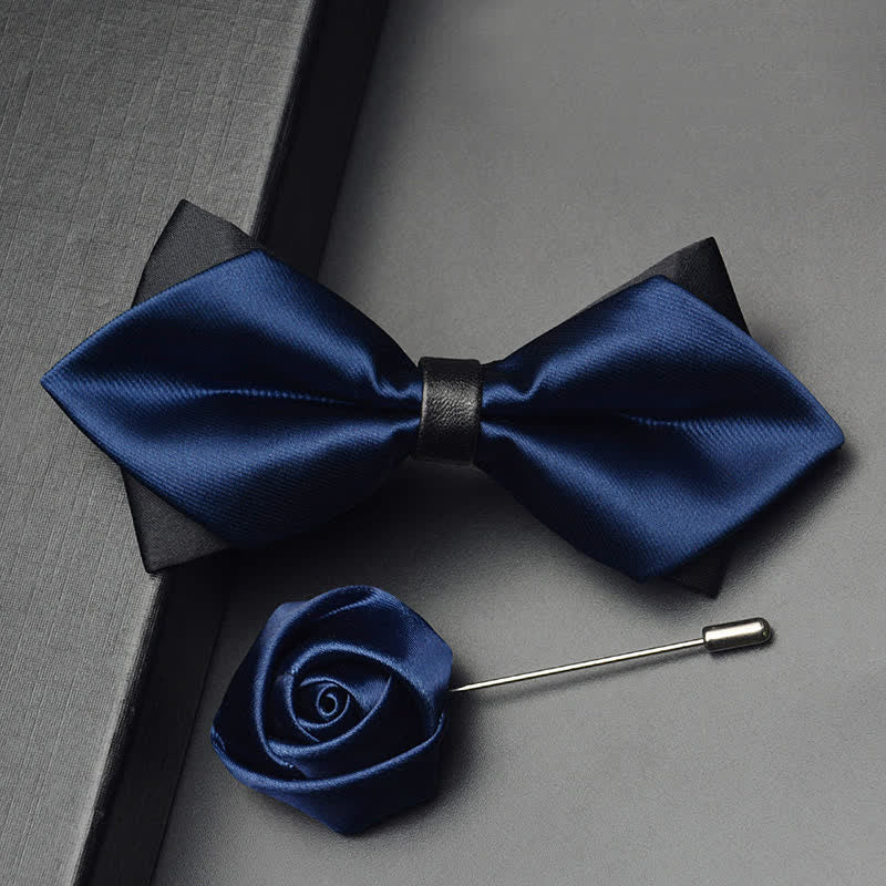3Pcs Men's Classic Double Layered Pointed Bow Tie Set - Navy - Bow Tie + Brooch Pin - image 6