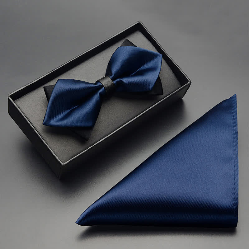 3Pcs Men's Classic Double Layered Pointed Bow Tie Set - Navy - Bow Tie + Handkerchief - image 7