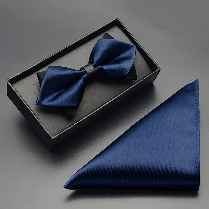 3Pcs Men's Classic Double Layered Pointed Bow Tie Set - Navy - Bow Tie + Handkerchief - image 7