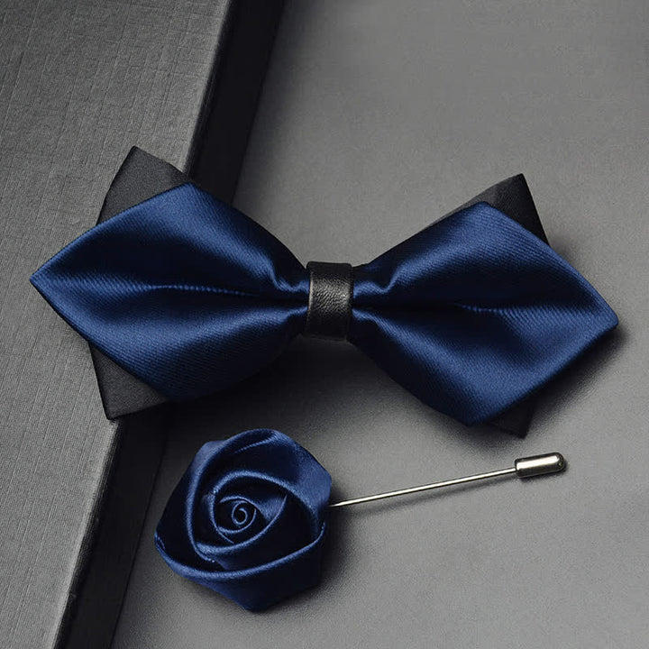 3Pcs Men's Classic Double Layered Pointed Bow Tie Set - Navy - Bow Tie + Brooch Pin - image 6