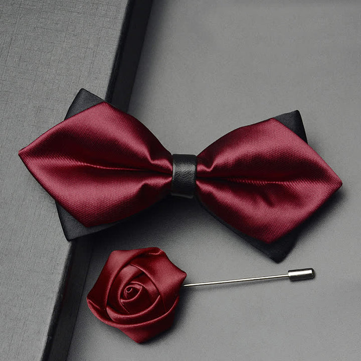 3Pcs Men's Classic Double Layered Pointed Bow Tie Set - Burgundy - Bow Tie + Brooch Pin - image 2