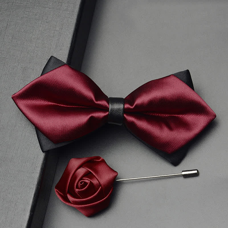3Pcs Men's Classic Double Layered Pointed Bow Tie Set - Burgundy - Bow Tie + Brooch Pin - image 2