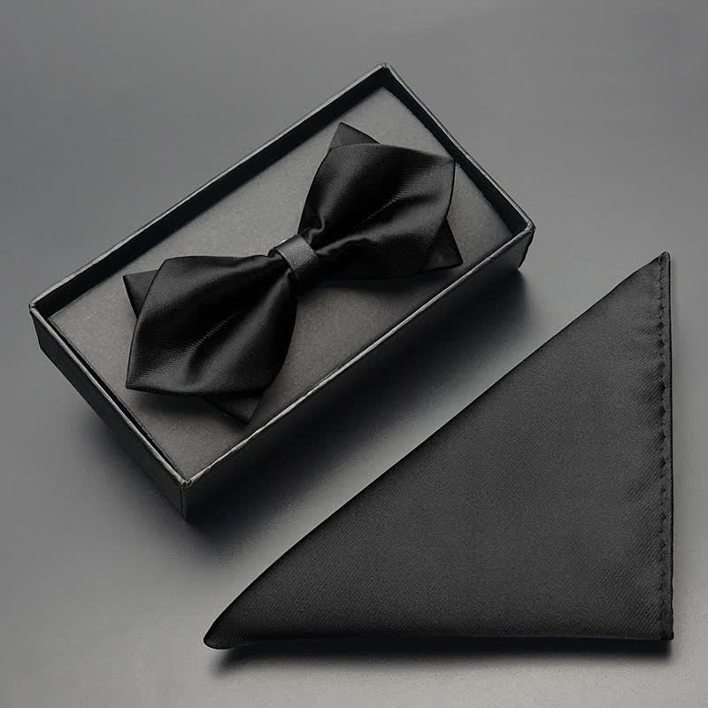 3Pcs Men's Classic Double Layered Pointed Bow Tie Set - Black - Bow Tie + Handkerchief - image 11