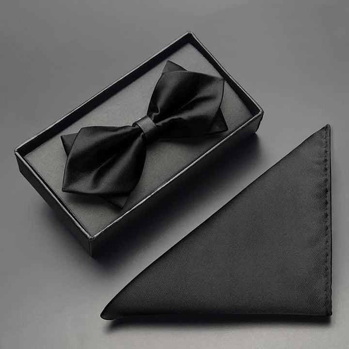 3Pcs Men's Classic Double Layered Pointed Bow Tie Set - Black - Bow Tie + Handkerchief - image 11