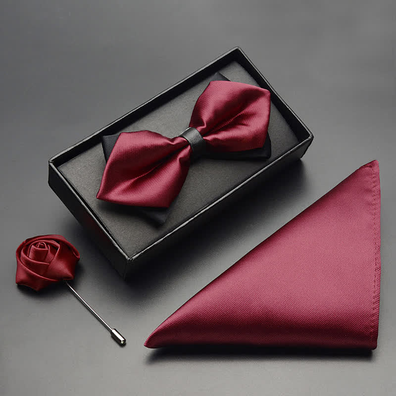 3Pcs Men's Classic Double Layered Pointed Bow Tie Set - Burgundy - 3Pcs - image 0