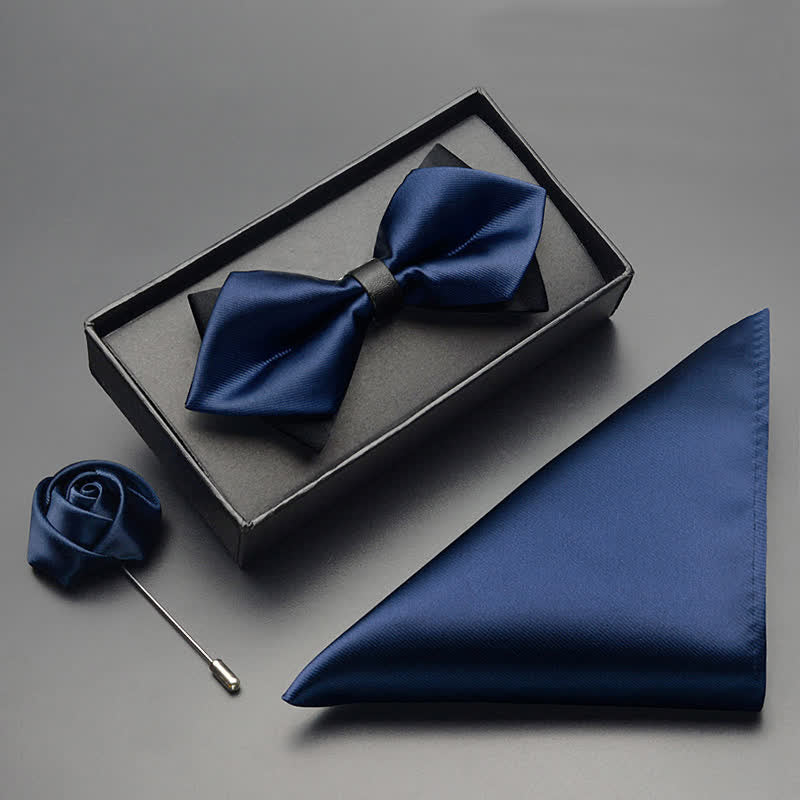 3Pcs Men's Classic Double Layered Pointed Bow Tie Set - Navy - 3Pcs - image 4