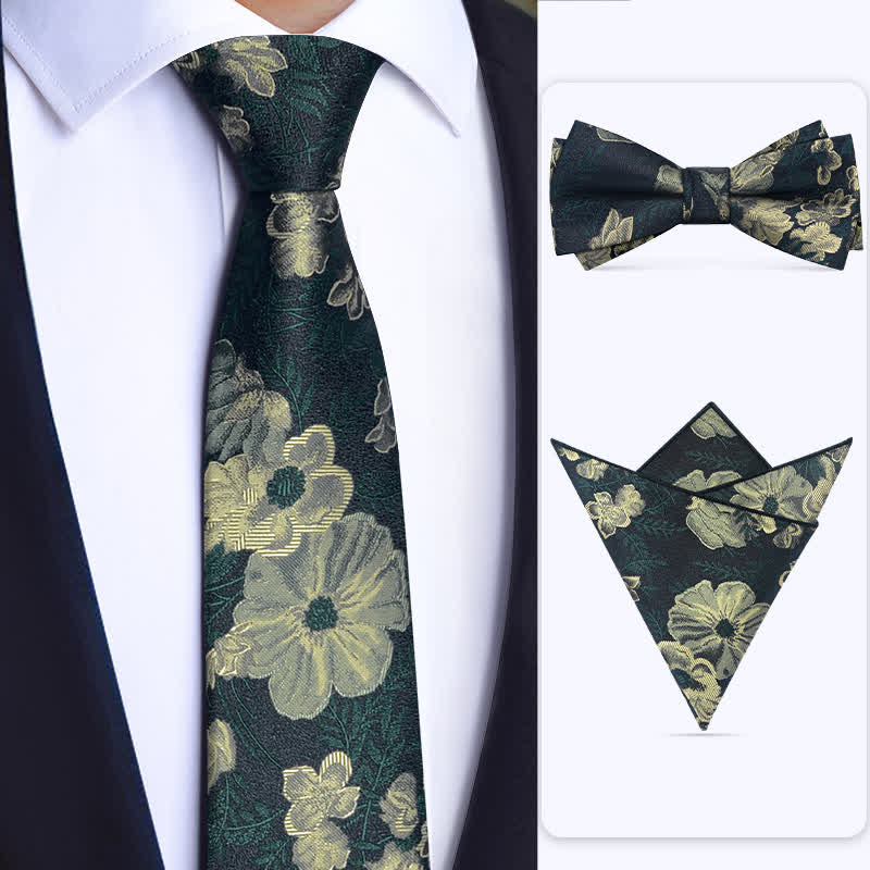 3Pcs Men's Dark Green Flower BowTie Necktie Set - 3Pcs - image 0