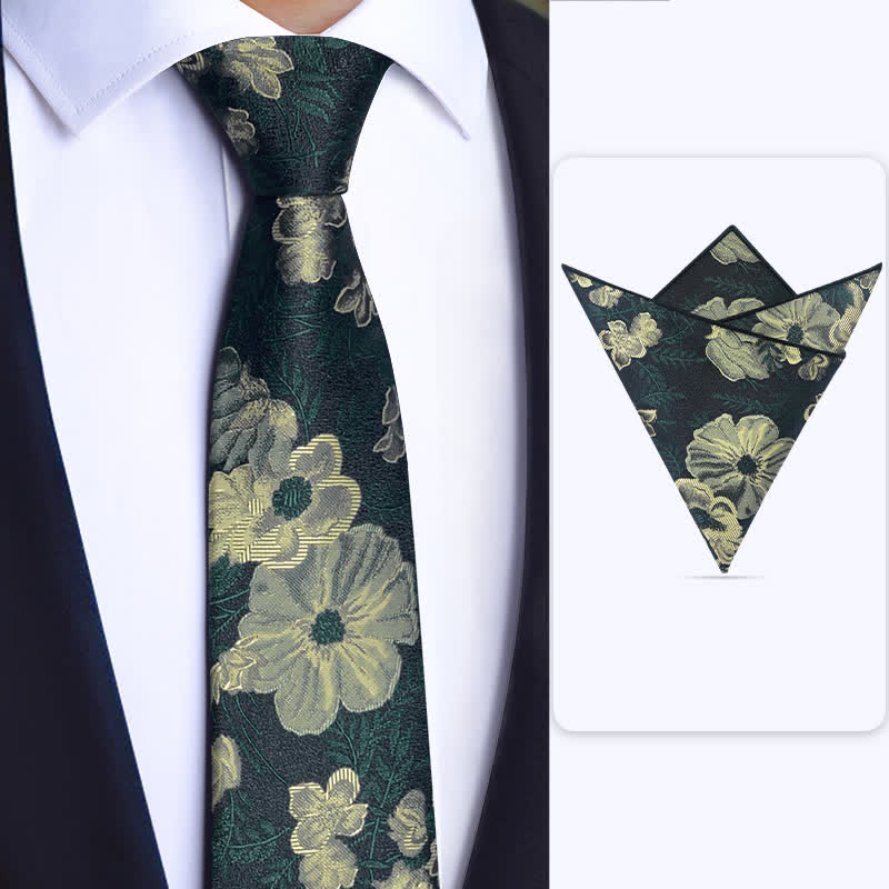 3Pcs Men's Dark Green Flower BowTie Necktie Set - Necktie +Handkerchief - image 2