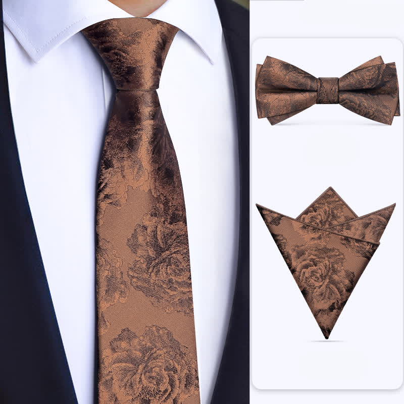 3Pcs Men's Vintage Bronze Flower BowTie Necktie Set - 3Pcs - image 0