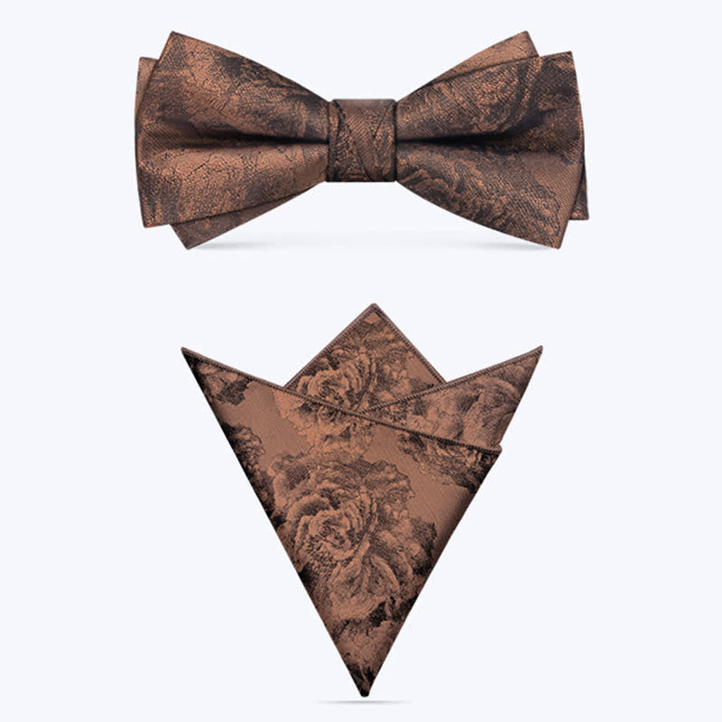 3Pcs Men's Vintage Bronze Flower BowTie Necktie Set - Bow Tie + Handkerchief - image 8