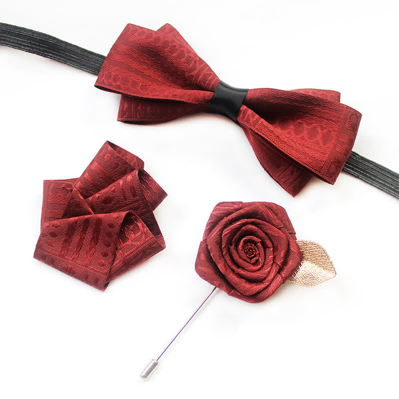 3Pcs Men's Elegant Vintage Dark Lines Bow Tie Set - Dark Red - image 1