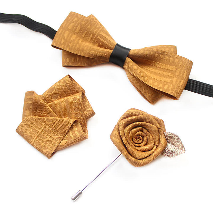 3Pcs Men's Elegant Vintage Dark Lines Bow Tie Set - Yellow - image 2
