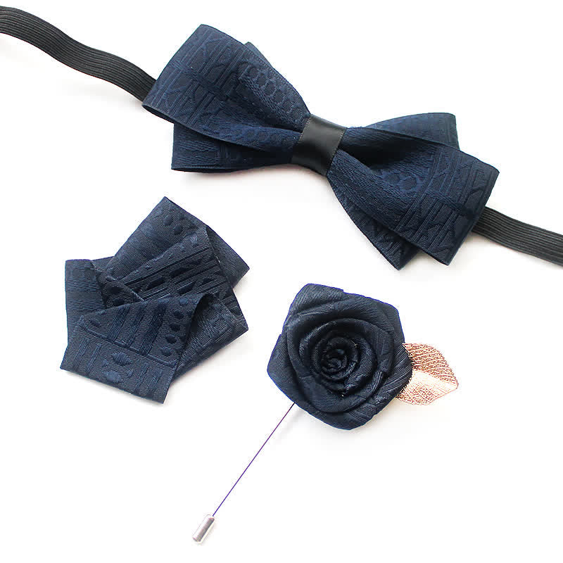 3Pcs Men's Elegant Vintage Dark Lines Bow Tie Set - Navy - image 5