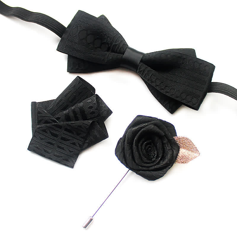 3Pcs Men's Elegant Vintage Dark Lines Bow Tie Set - Black - image 9