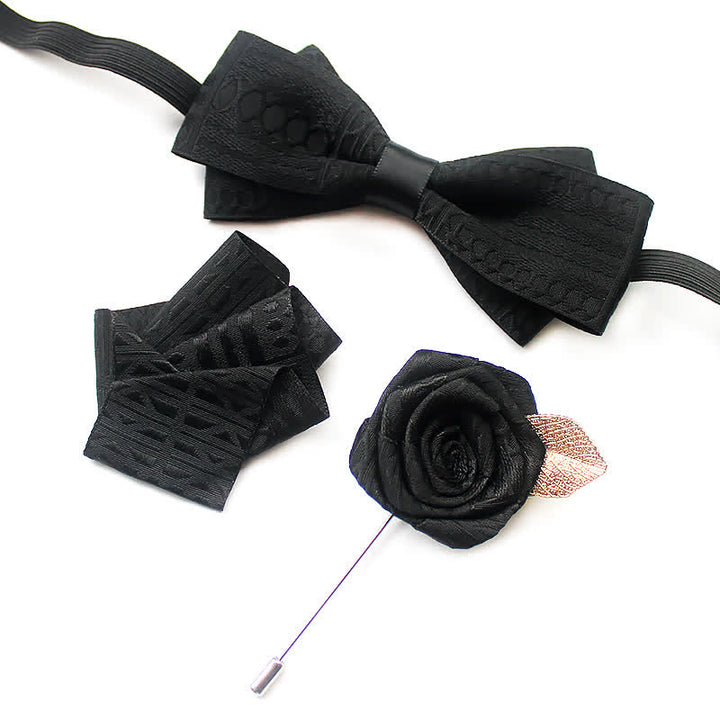 3Pcs Men's Elegant Vintage Dark Lines Bow Tie Set - Black - image 9