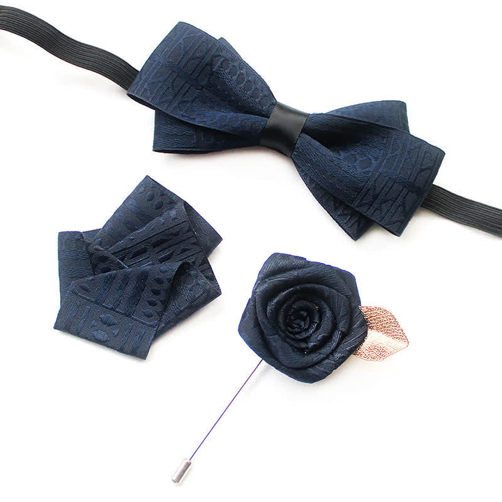 3Pcs Men's Elegant Vintage Dark Lines Bow Tie Set - Navy - image 5