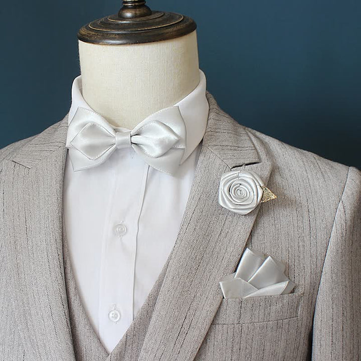 3Pcs Men's Wedding Grooms Rose Corsage Bow Tie Set - Silver - image 5