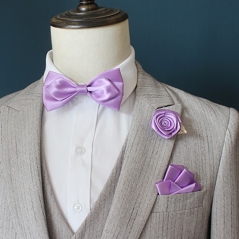 3Pcs Men's Wedding Grooms Rose Corsage Bow Tie Set - Violet - image 6