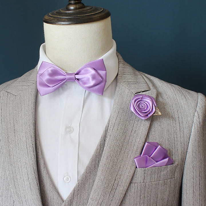 3Pcs Men's Wedding Grooms Rose Corsage Bow Tie Set - Violet - image 6