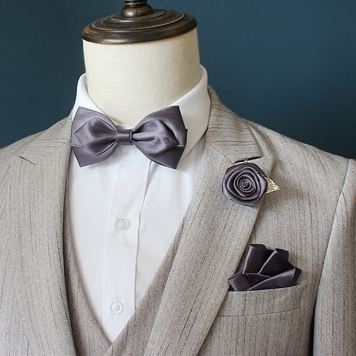 3Pcs Men's Wedding Grooms Rose Corsage Bow Tie Set - Dark Gray - image 0
