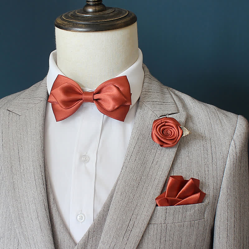 3Pcs Men's Wedding Grooms Rose Corsage Bow Tie Set - FireBrick - image 7