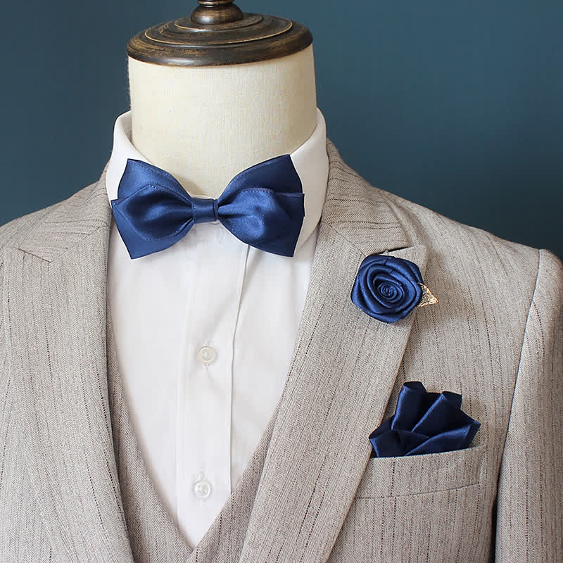 3Pcs Men's Wedding Grooms Rose Corsage Bow Tie Set - Blue - image 9