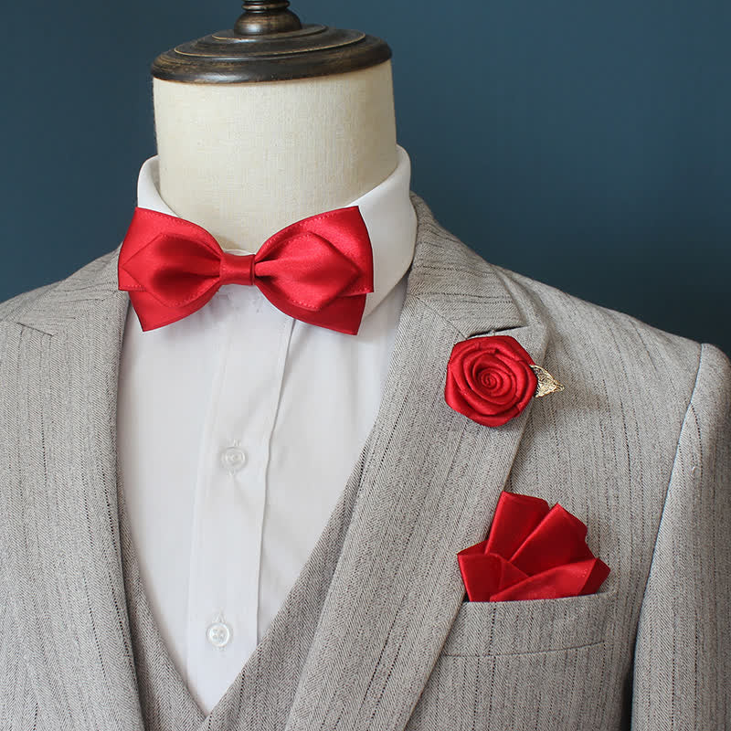 3Pcs Men's Wedding Grooms Rose Corsage Bow Tie Set - Red - image 1
