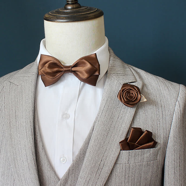 3Pcs Men's Wedding Grooms Rose Corsage Bow Tie Set - SaddleBrown - image 8