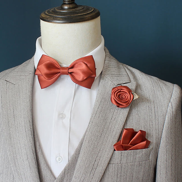 3Pcs Men's Wedding Grooms Rose Corsage Bow Tie Set - FireBrick - image 7