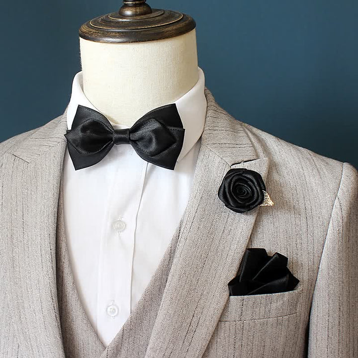 3Pcs Men's Wedding Grooms Rose Corsage Bow Tie Set - Black - image 11