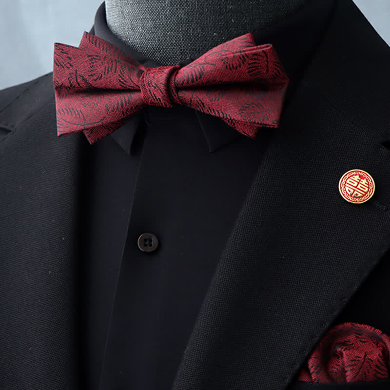 2Pcs Men's Burgundy Floral Bow Tie Handkerchief Set - Style #9 - image 20