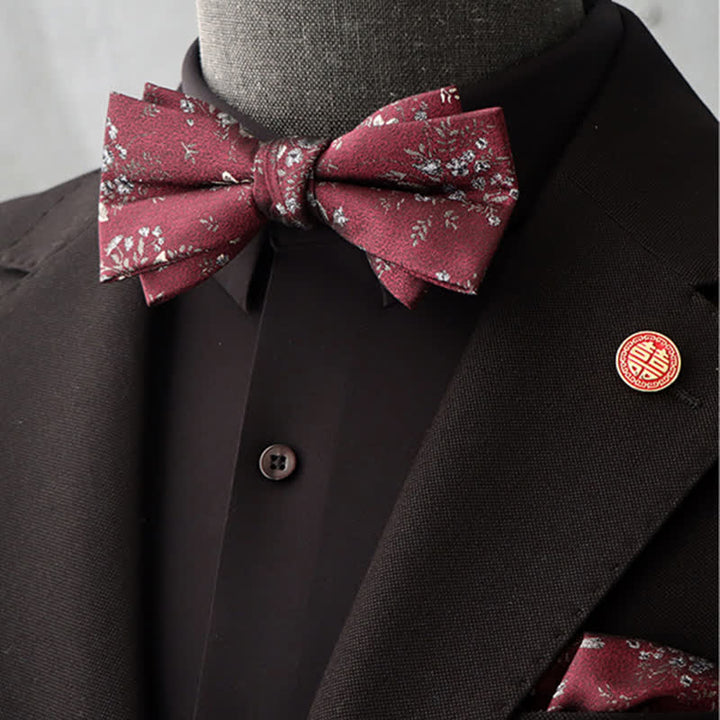 2Pcs Men's Burgundy Floral Bow Tie Handkerchief Set - Style #1 - image 0