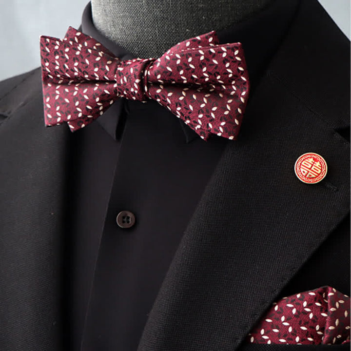 2Pcs Men's Burgundy Floral Bow Tie Handkerchief Set - Style #3 - image 8