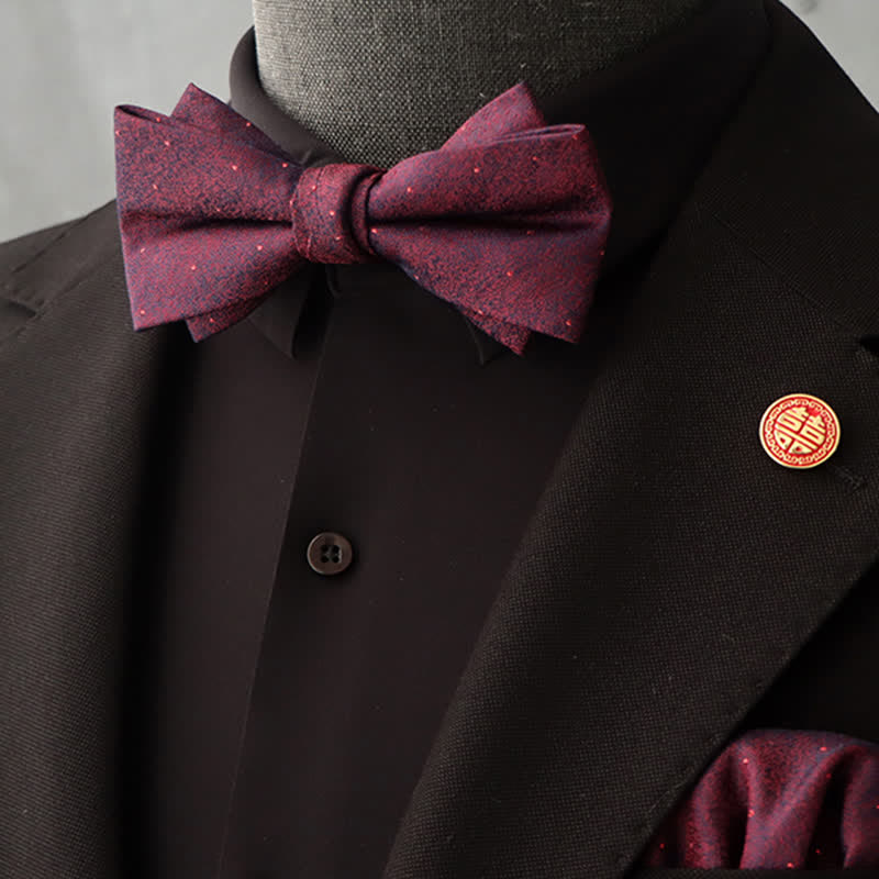 2Pcs Men's Burgundy Floral Bow Tie Handkerchief Set - Style #5 - image 12