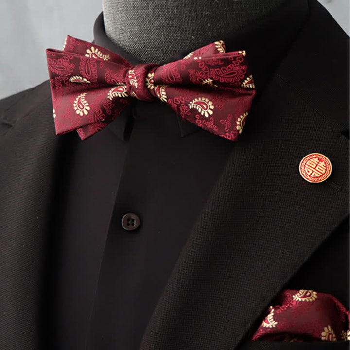 2Pcs Men's Burgundy Floral Bow Tie Handkerchief Set - Style #8 - image 18