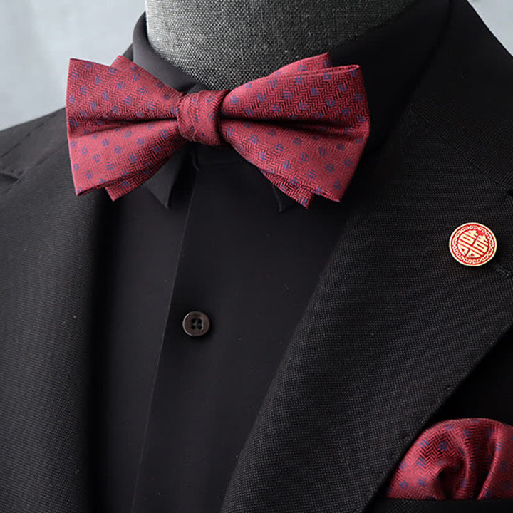 2Pcs Men's Burgundy Floral Bow Tie Handkerchief Set - Style #7 - image 16