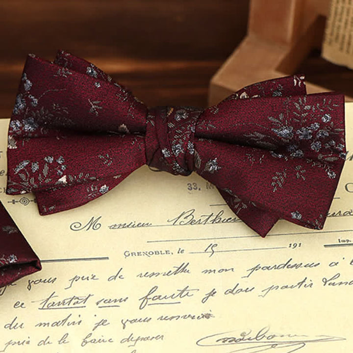 2Pcs Men's Burgundy Floral Bow Tie Handkerchief Set - image 1