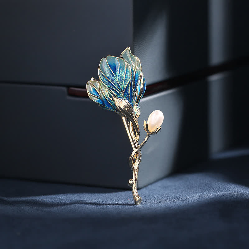 Women's Enamel Magnolia Flower Brooch - Blue - image 0