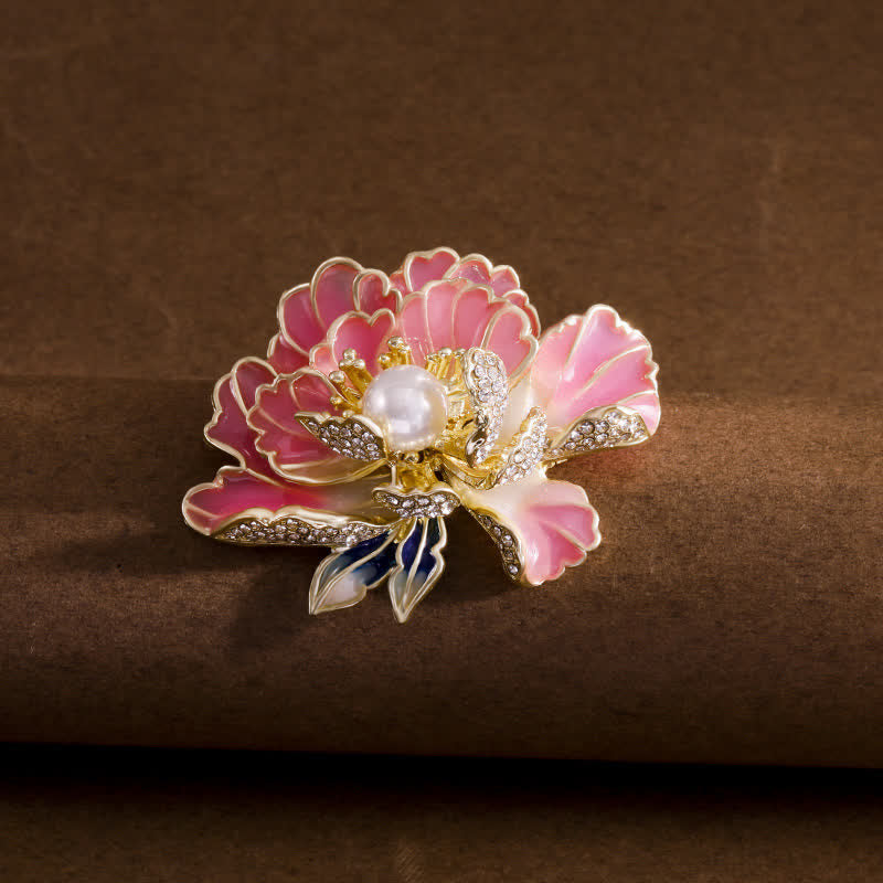 Women's Enamel Peony Flowers Pearl Inlaid Brooch - Pink - image 7