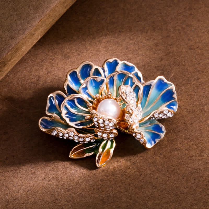 Women's Enamel Peony Flowers Pearl Inlaid Brooch - Blue - image 3