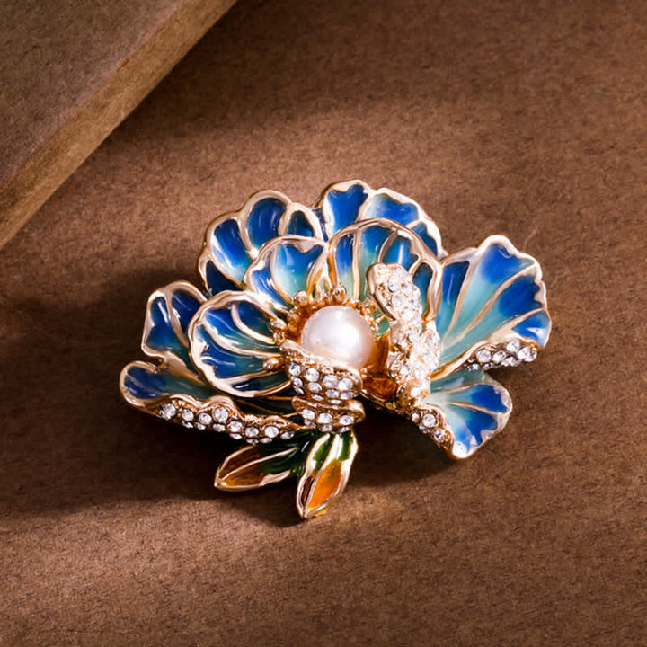 Women's Enamel Peony Flowers Pearl Inlaid Brooch - Blue - image 3