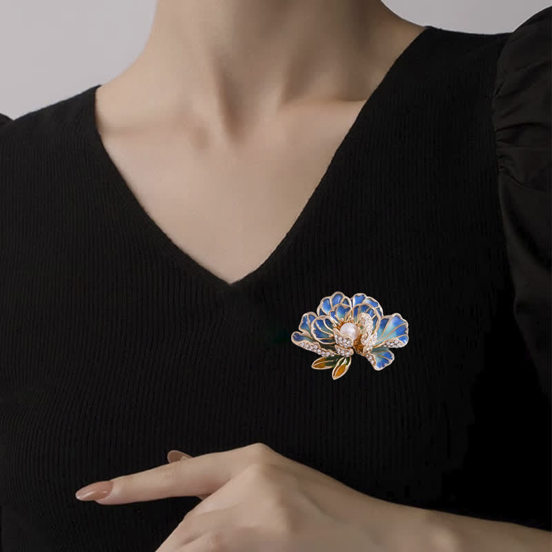 Women's Enamel Peony Flowers Pearl Inlaid Brooch - image 2