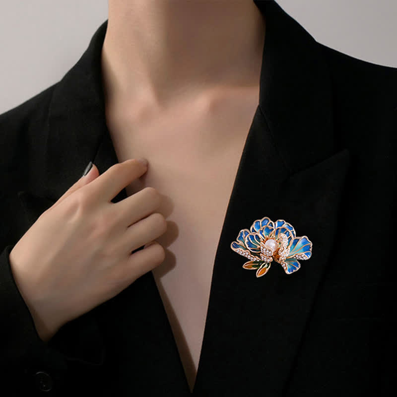 Women's Enamel Peony Flowers Pearl Inlaid Brooch - image 1