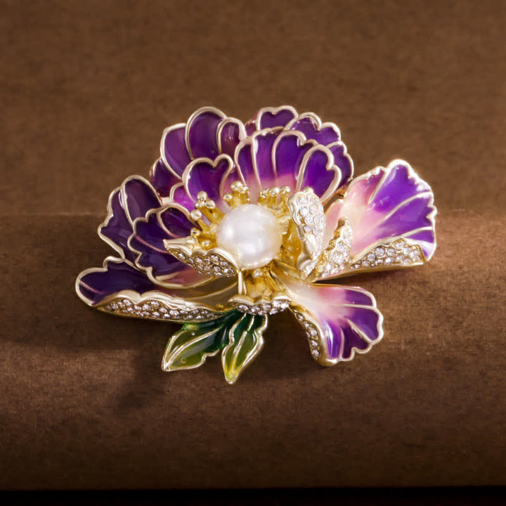Women's Enamel Peony Flowers Pearl Inlaid Brooch - Purple - image 0