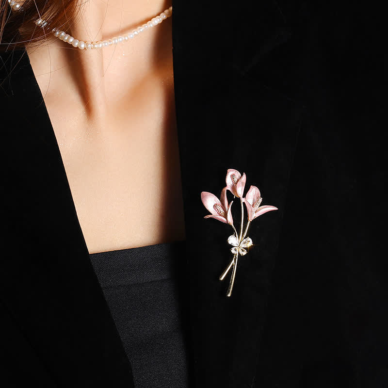 Women's Pink Lily Flower Zircon Enamel Brooch - image 2